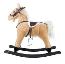 Side view tan plush rocking horse ride-on with reins and curved black rocker
