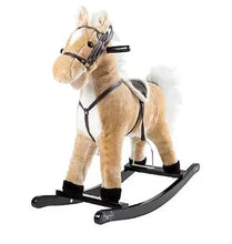 Tan plush rocking horse ride-on with reins and black rocker base