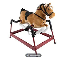 Plush rocking horse ride-on with brown horse body, black mane, and red metal base