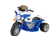 Blue 3-wheel mini motorcycle trike ride-on with black seat and front headlights