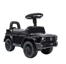 Black Mercedes G-Wagon ride-on push car with front grille, wheels, and seat