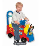 Kids activity train ride-on toy with handle, blue yellow red; child playing