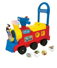 Kids play-and-sort activity train ride-on toy, blue yellow red with wheels and parts