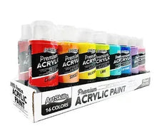 16-color acrylic paint set shown in a box with assorted bottle colors, including pink and black