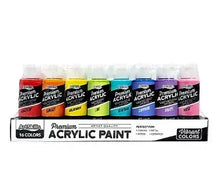 Acrylic paint set with 16 color bottles in red, yellow, green, blue, and purple