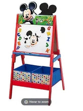 Red double-sided activity easel with Mickey Mouse art and ABC letters tray