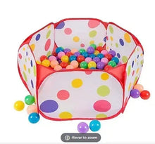 Kids pop-up ball pit tent with colorful dot pattern, filled with multicolor balls
