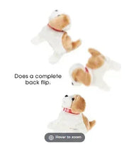 Interactive plush puppy toy with red collar, shown in multiple flipping poses.