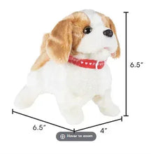 Interactive plush puppy toy, tan and white, red collar; side view, 6.5 in tall.