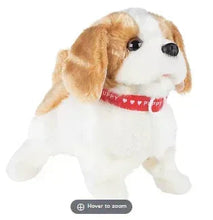 Tan and white interactive plush puppy toy with black nose and red collar band.