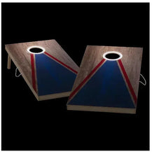 Wooden LED bean bag toss set of two blue target boards with red stripes and white openings