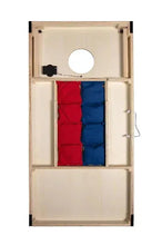 Wooden LED bean bag toss board with white circular opening and red/blue target panels