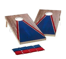 Wooden LED bean bag toss boards with blue targets, red trim, and red/blue bean bags