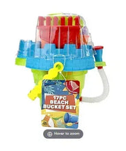 17-piece beach bucket sand set with multicolor plastic tools and handles