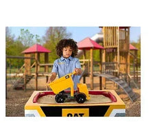 Yellow CAT dump truck sand play set with red sand tray and shovel accessory