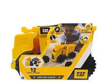 Yellow CAT dump truck sand play set with sand molds and shovel accessory