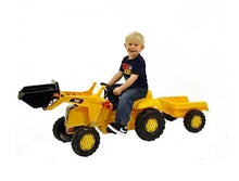 CAT kid tractor toy with front loader and trailer, with child riding, yellow