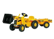 CAT kid tractor toy with front loader and trailer, yellow and black
