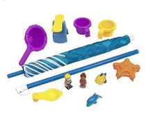 Blue water table play set accessories with umbrella, scoops, and molded pieces