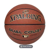 Spalding Dual Court basketball with pebbled brown cover and brand logos