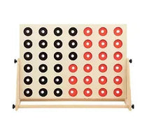 Wooden 4-in-a-row lawn game board with red and black discs