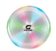 LED flying disc with clear center and colorful light patterns around rim