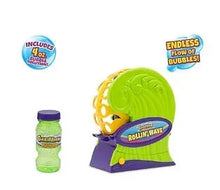 Gazillion Rollin' Wave bubble machine with green dome, purple base, and bubble bottle