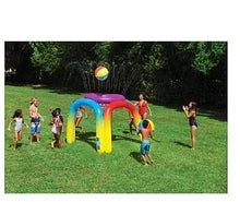 Inflatable giant sprinkler with rainbow arch and multicolor top, kids playing outdoors