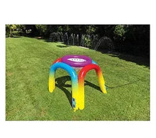 Inflatable giant backyard sprinkler with rainbow arch and purple top spray nozzle