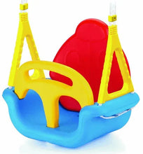 Children's safety swing with red seat, yellow supports, and blue inflatable base