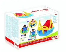 Children's safety swing box showing red seat, yellow arches, and blue base