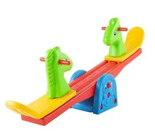 Children's plastic seesaw rocker with two seats and green figures