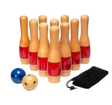 Wooden lawn bowling game set with red striped pins, blue and beige balls, drawstring pouch
