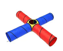 Kids play tunnel set with red and blue fabric tubes and connectors