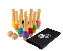 Lawn bowling toy set with wooden pins, balls, and black storage bag