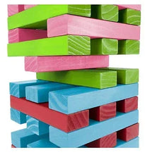 Multicolor wooden stacking blocks tower, close-up of interlocking layers