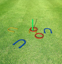 2-in-1 horseshoe and ring toss game pieces with colored stakes, rings, and horseshoes