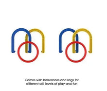 2-in-1 horseshoe and ring toss game with colored arch stakes and rings