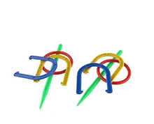 2-in-1 horseshoe and ring toss game with colorful horseshoes and rings