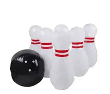 Giant kids bowling set: black bowling ball and white pins with red stripes