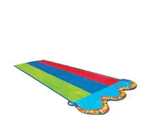 Kids triple racer water slide with green, blue, and red lanes and splash pads
