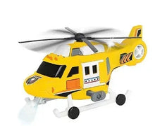 Rescue helicopter toy with yellow fuselage, white accents, and black rotor blades