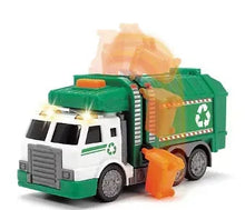 Recycling action team toy truck with green cab, white body, and orange bin