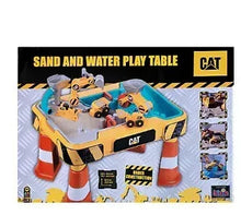 Kids sand and water play table with blue tray, CAT logo, accessories and molded buckets