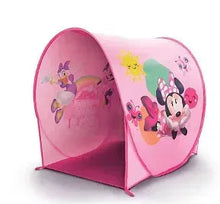 Pink pop-up sun shade tent with open entrance and Minnie-style character graphics