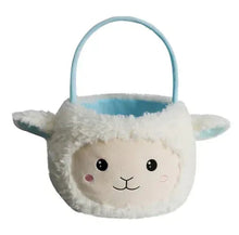 Plush bunny Easter basket with face, white fur and light blue handle