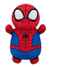 Spider web red and blue plush HugMees with large white eyes and raised arms