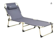 Folding reclining lounge chair with gray padded pillow headrest and metal frame legs