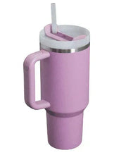 Purple insulated tumbler with side handle, lid and drinking straw