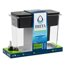 BRITA Elite filtered water dispenser with black lid and white body, 2 filters